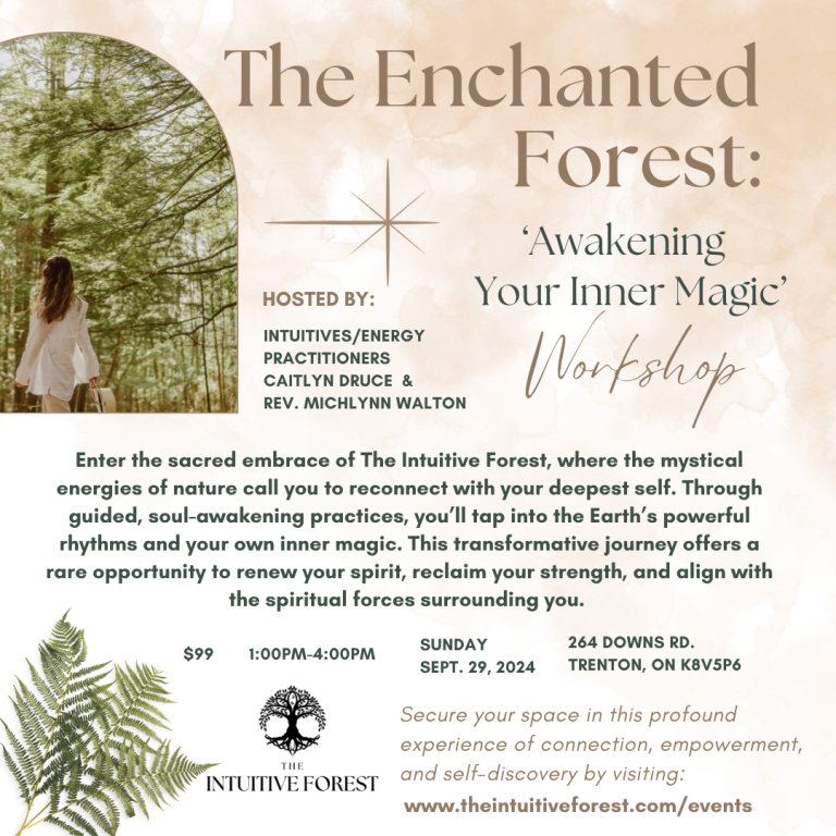 Poster with event details and photo of someone walking through a forest.