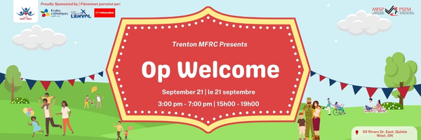 Poster with title "Op Welcome" and a graphic of an outdoor party in a park setting.