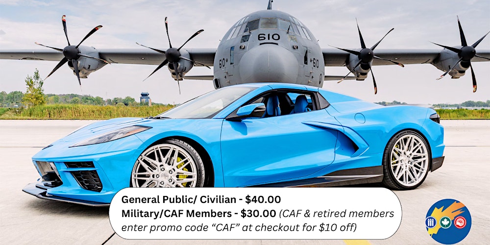 Photo of a blue Corvette in front of a Hercules airplane.