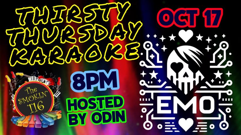 Poster titled Thirsty Thursday Karaoke with an emo logo and the Smokin 116's logo.