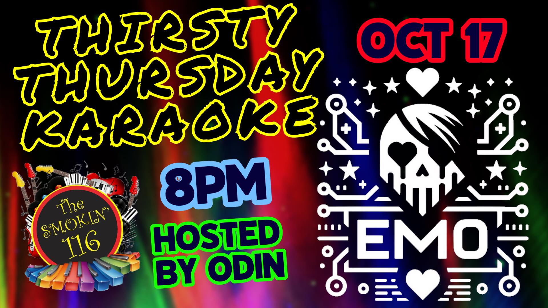 Poster titled Thirsty Thursday Karaoke with an emo logo and the Smokin 116's logo.