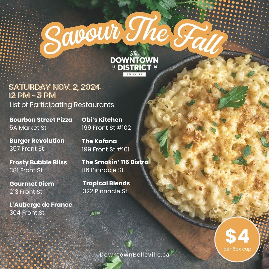 Poster with event details and a photo of mac and cheese.