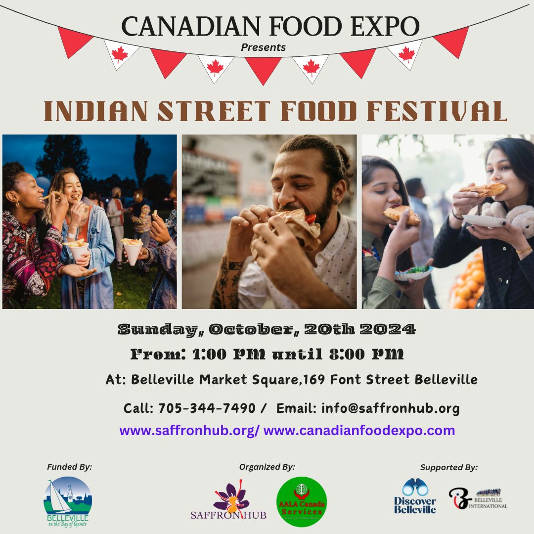 Poster for event with details and photos of people enjoying Indian food.