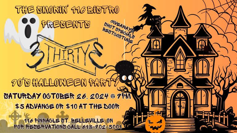 Poster with event details and a graphic of a haunted house.