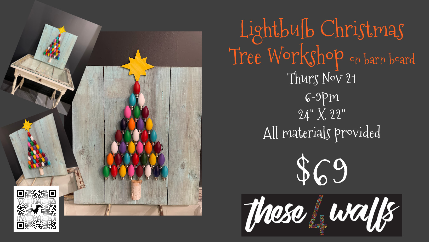 Poster for event with details and a photo of a lightbulb christmas tree.