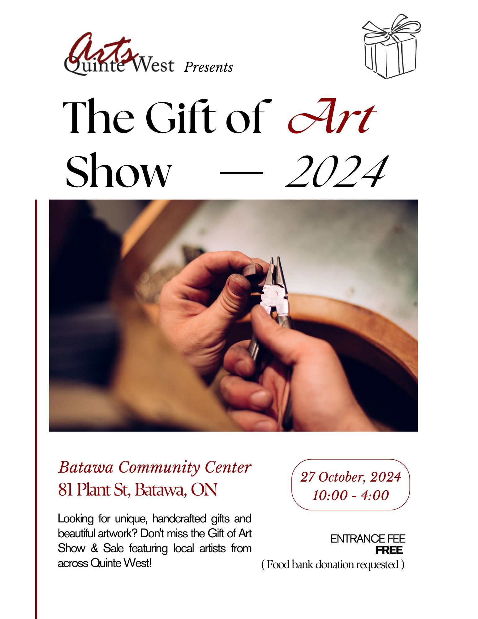 Poster for event titled "Gift of Art Show" with photo of artisan working and event details