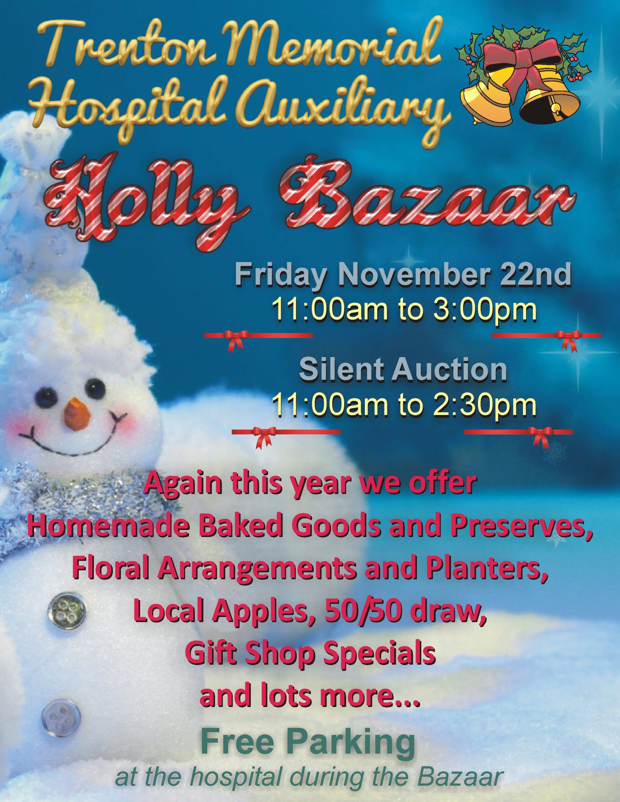 Poster with event details and a picture of a snowman in a holiday scene