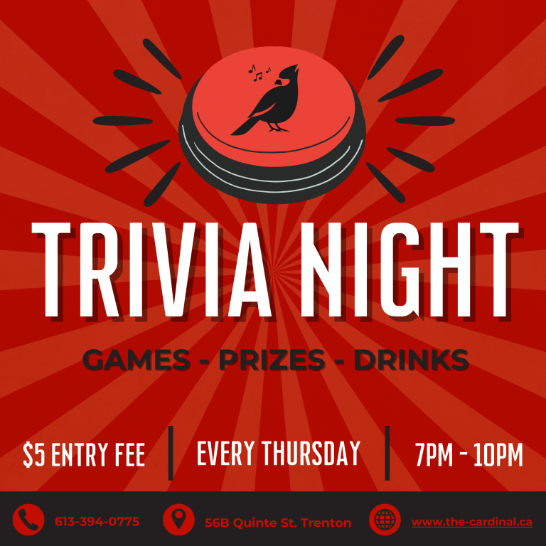 Poster titled Trivia Night with event details and the cardinal's logo.