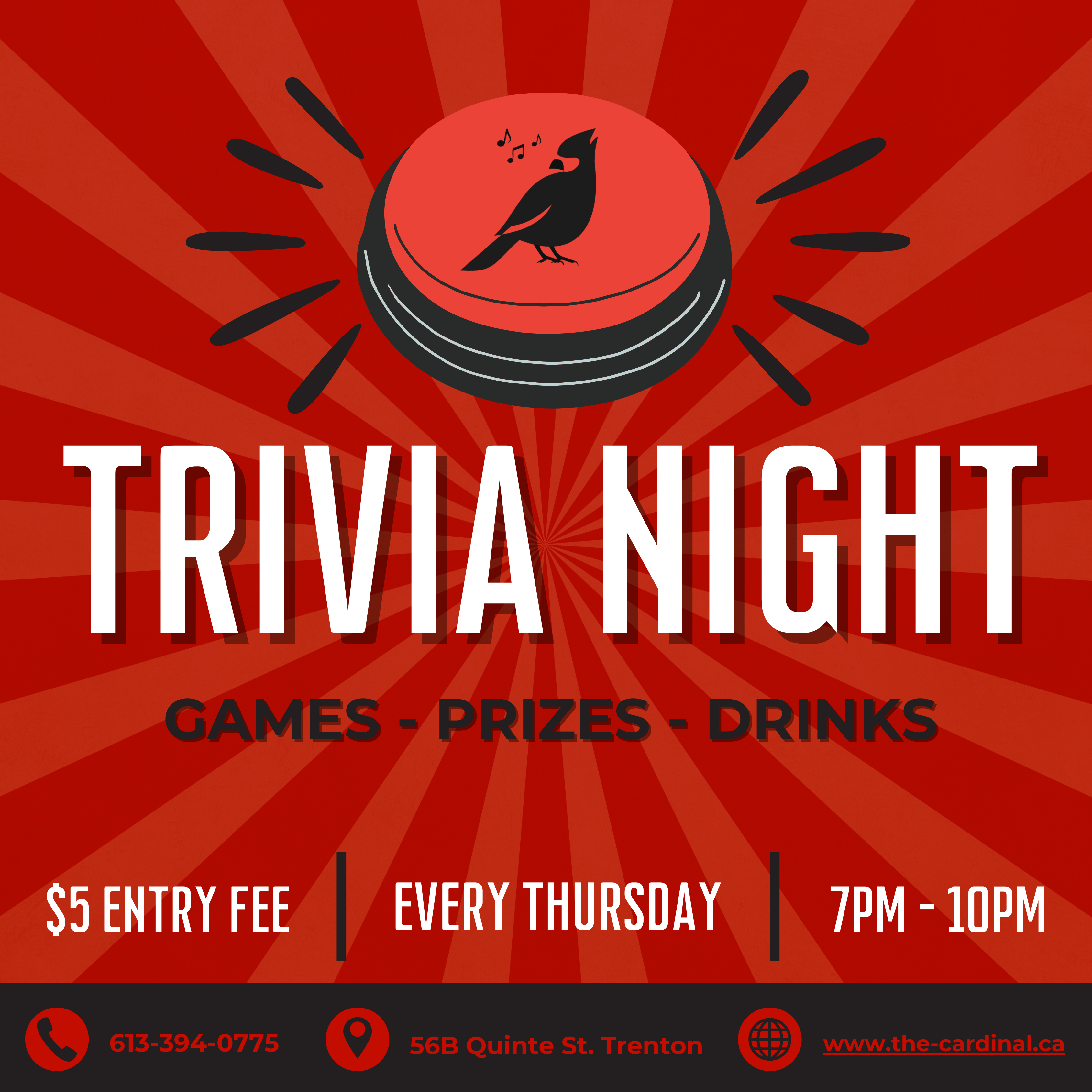 Poster titled Trivia Night with event details and the cardinal's logo.