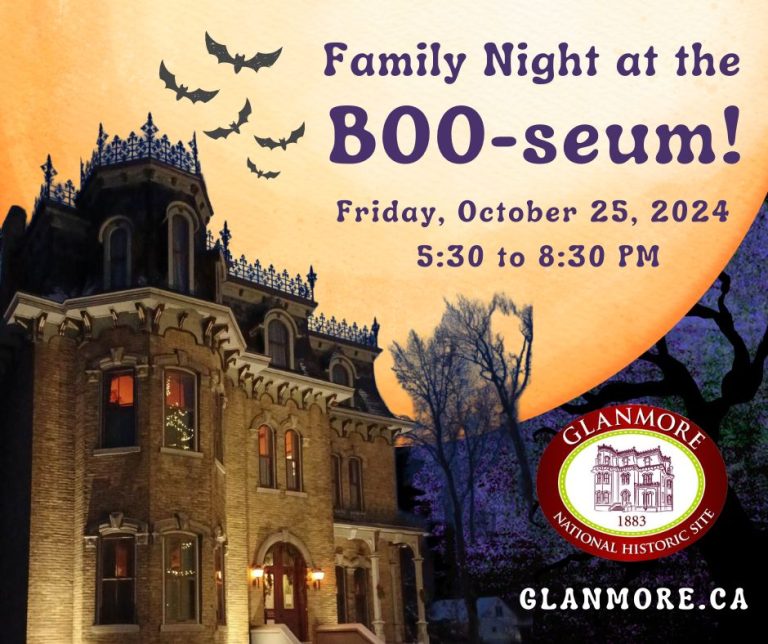 Poster with event details and a photo of the Glanmore House with Halloween graphics.