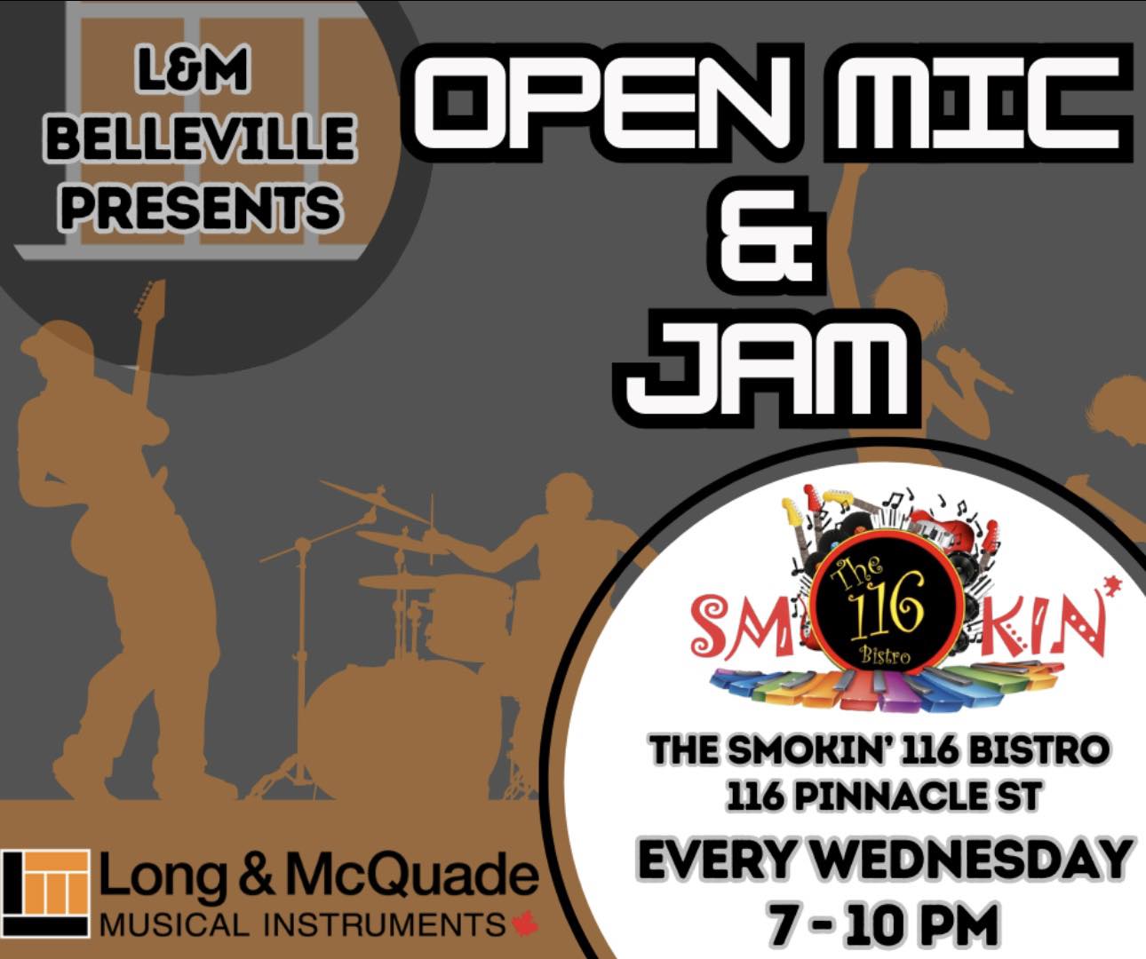 Poster for event titled open mic and jam with a silhouette graphic of a rock band.