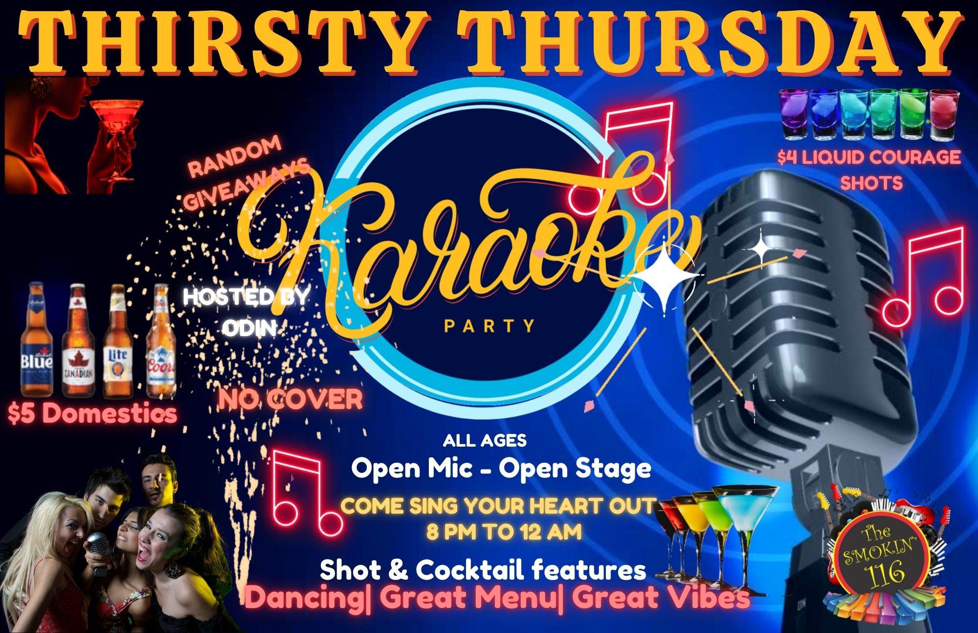 Poster for event with details and a graphic of a microphone. The poster has the title "Thirsty Thursday Karaoke"