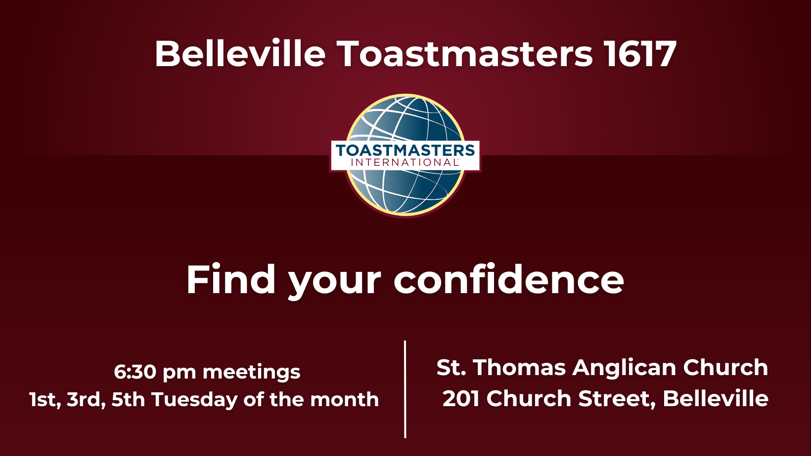 Poster titled Belleville Toastmasters with the Toastmaster logo and event details.