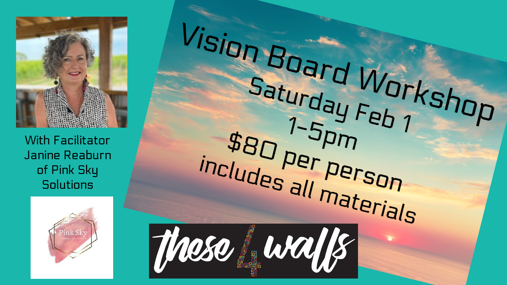 Poster for event titled Vision Board Workshop with a photo of a sunset and event details.