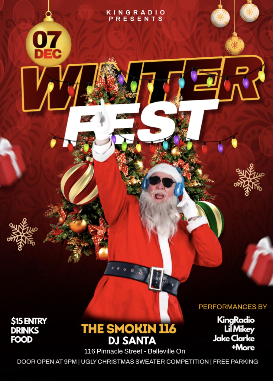 Poster for event with details and a photo of a Santa Claus in a party setting.