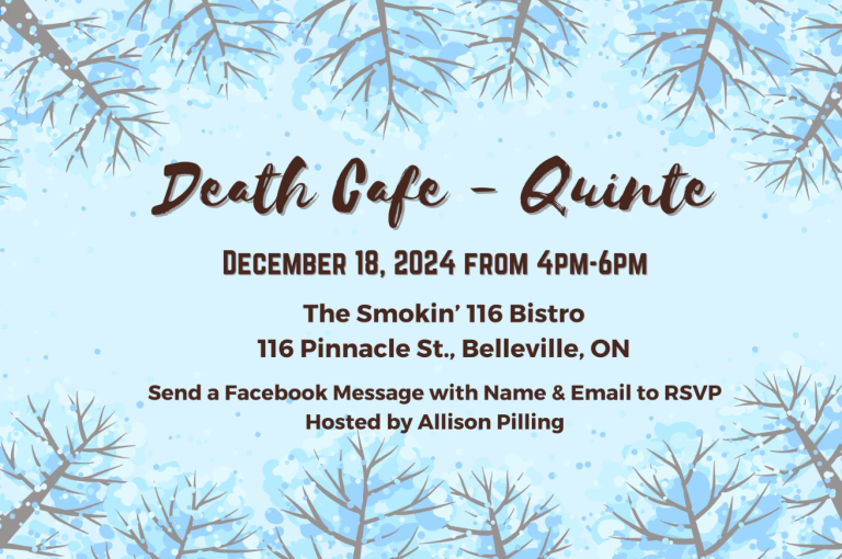 Poster titled "Death Cafe" with a winter theme.