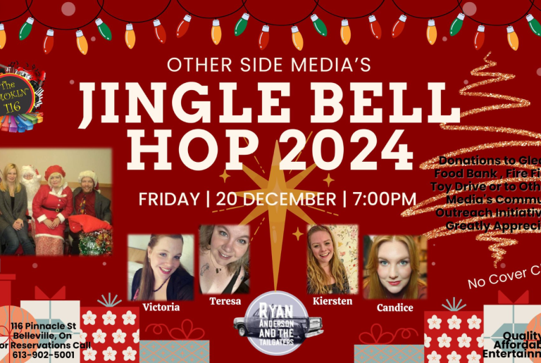 Poster for event with a Christmas theme, titled Jingle Bell Hop, with photos of the performers.