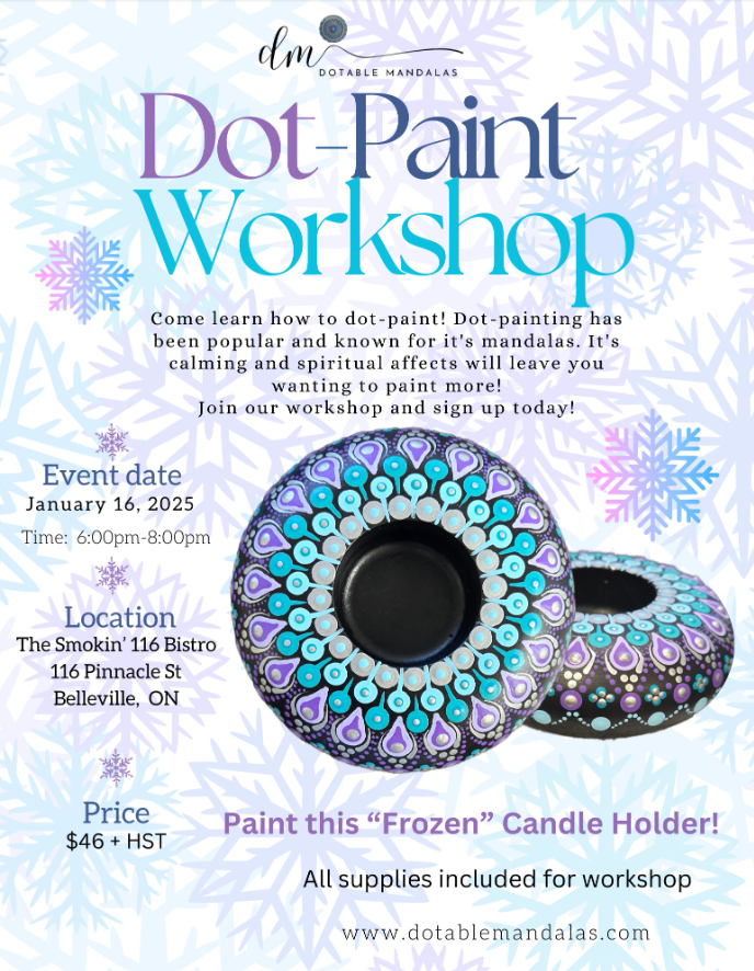 Poster for event titled Dot-Paint Workshop, with details and a photo of a do-painted candle holder.