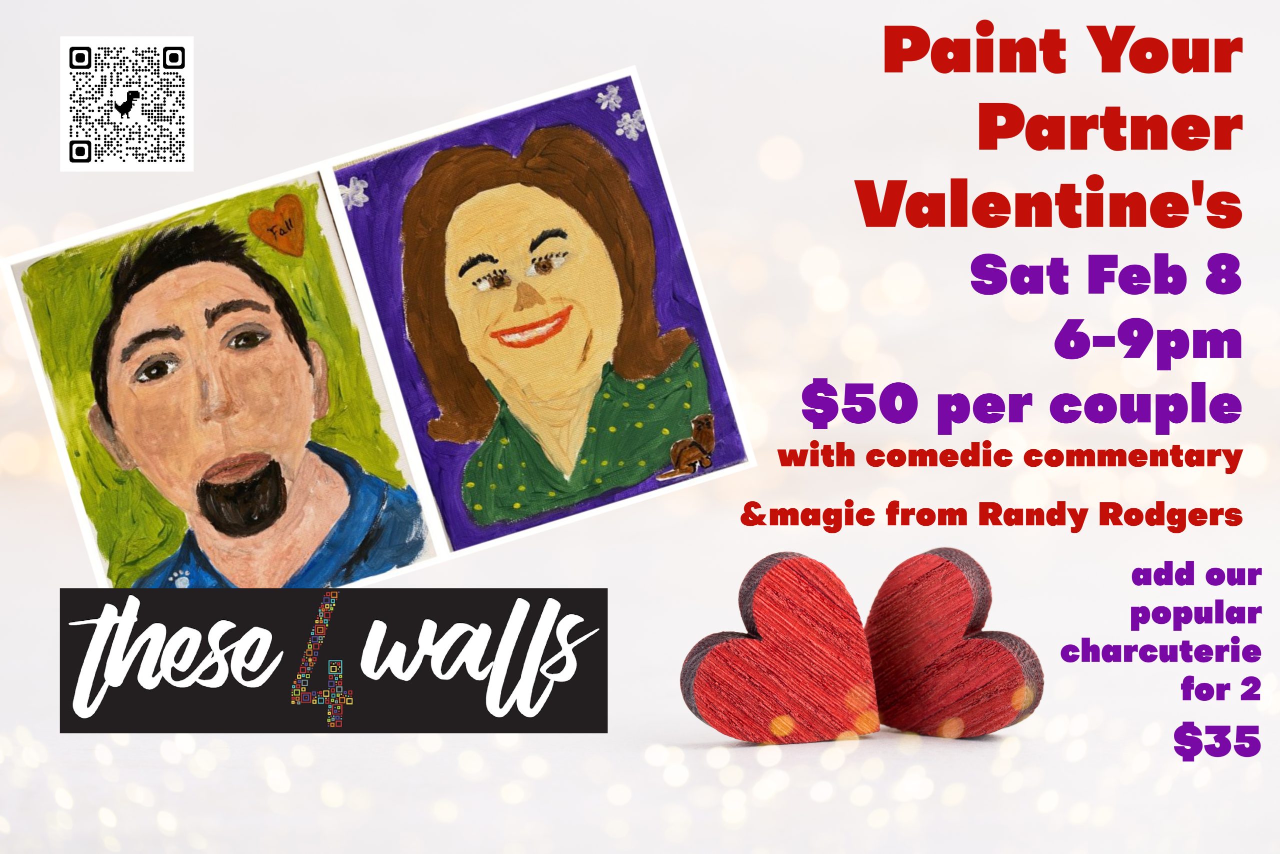 Poster for event with details and humorous paintings of couples.