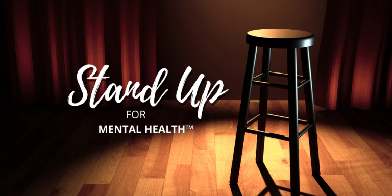 Poster titled "Stand Up for Mental Health" with a photo of a stool on a stage.