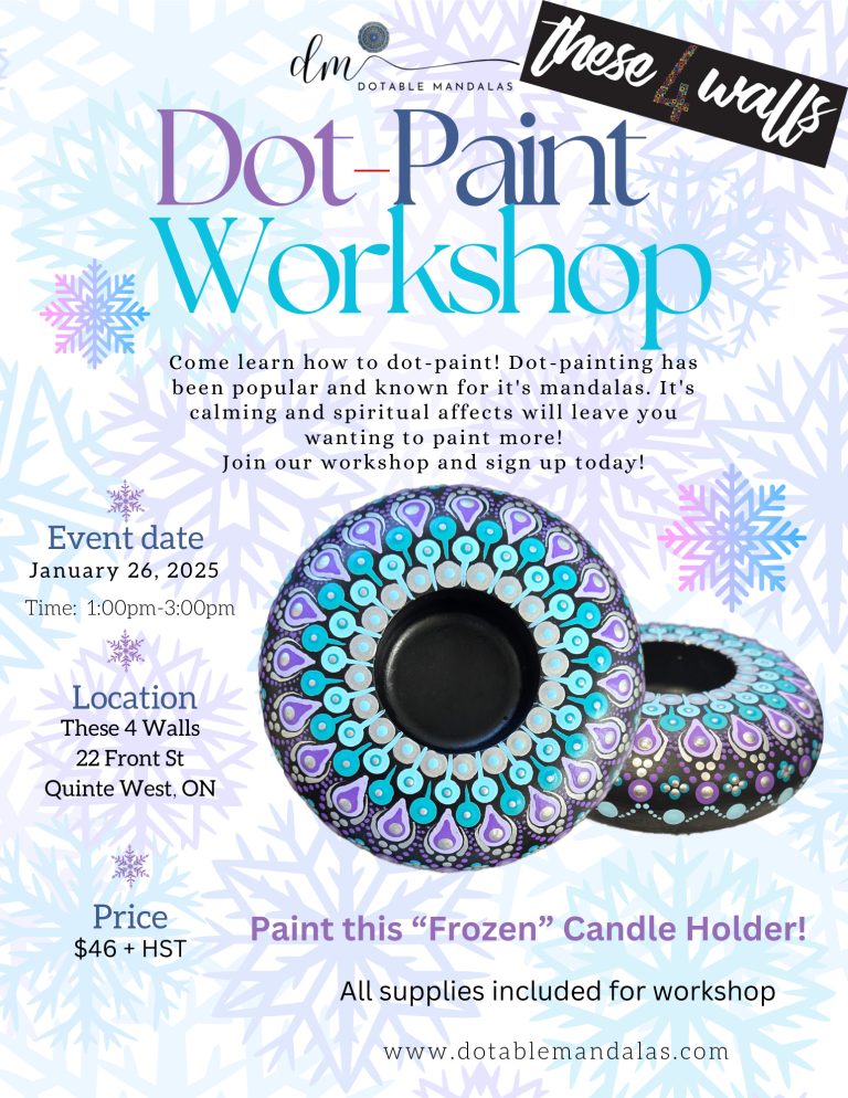 Poster for event titled Dot-Paint Workshop, with details and a photo of a do-painted candle holder.