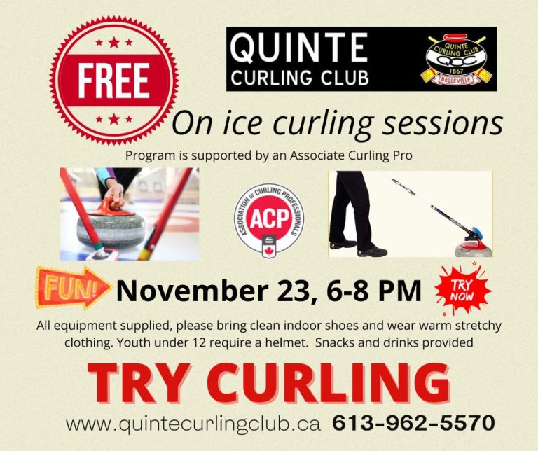 Poster for event with details and photos of people curling.