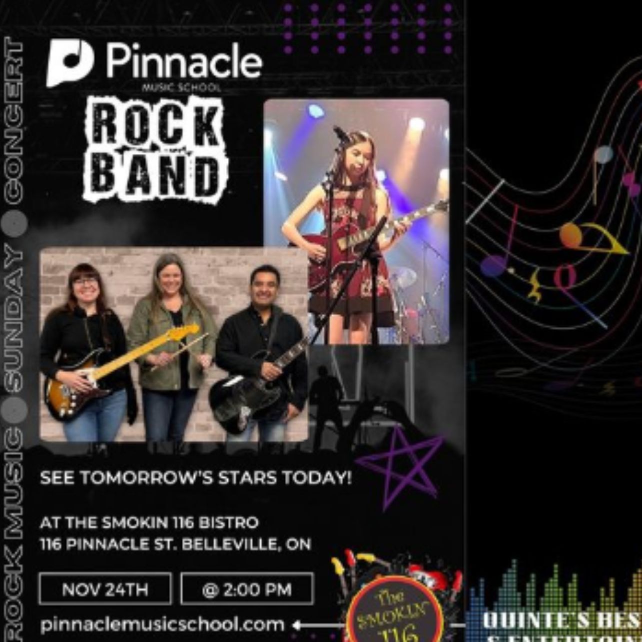 Poster for event with details and photos of performers. Titled "Rock Band"