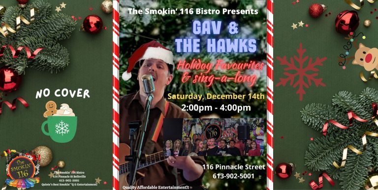 Poster for event with details and a photo of the performer in a Christmas theme.