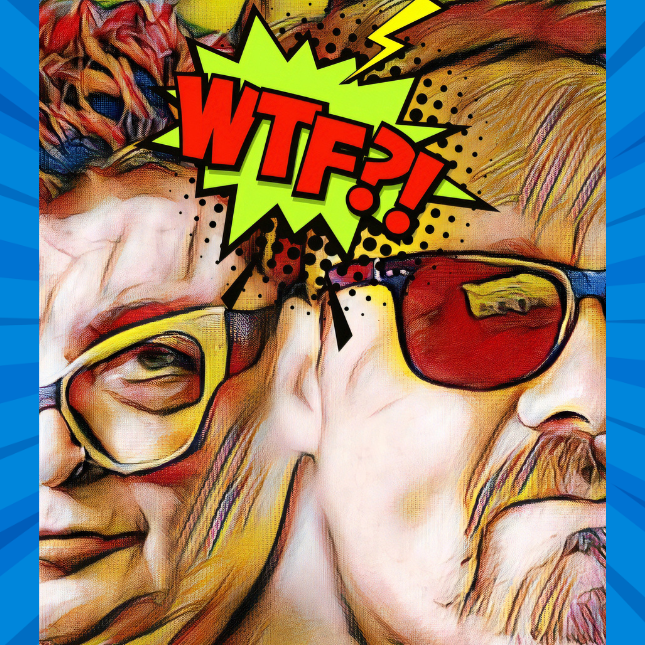 Poster titled "WTF" with unique graphic of two faces.