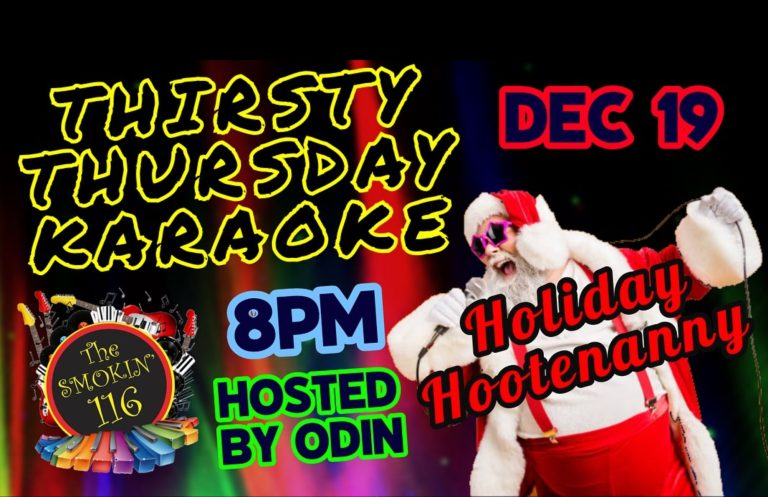 Poster for event with photo of santa, title "Thirsty Thursday Karaoke".