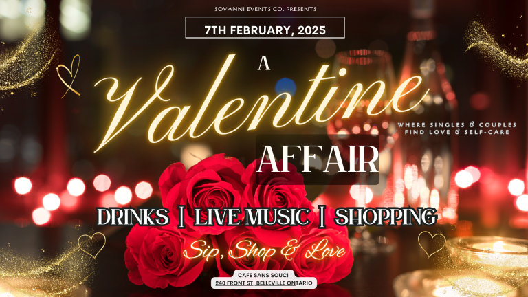 Poster for event titled "Valentine Affair" with a rose background.