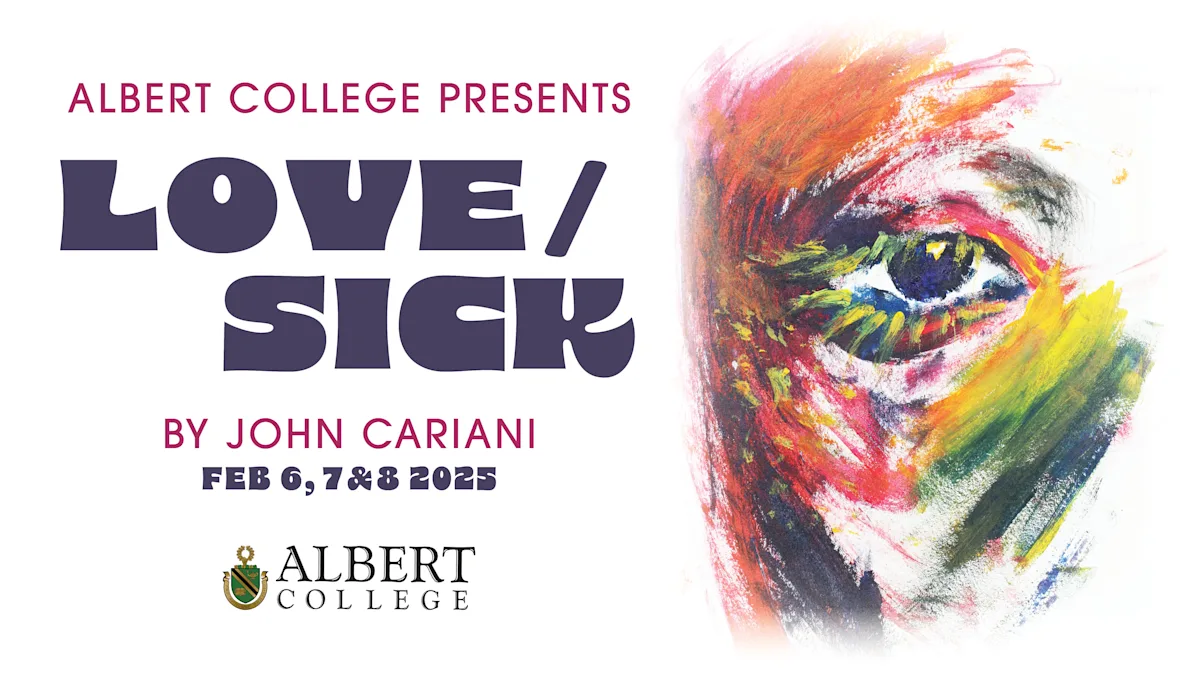 Poster for event titled "Love/Sick" with photo of a face covered in water colour paint.