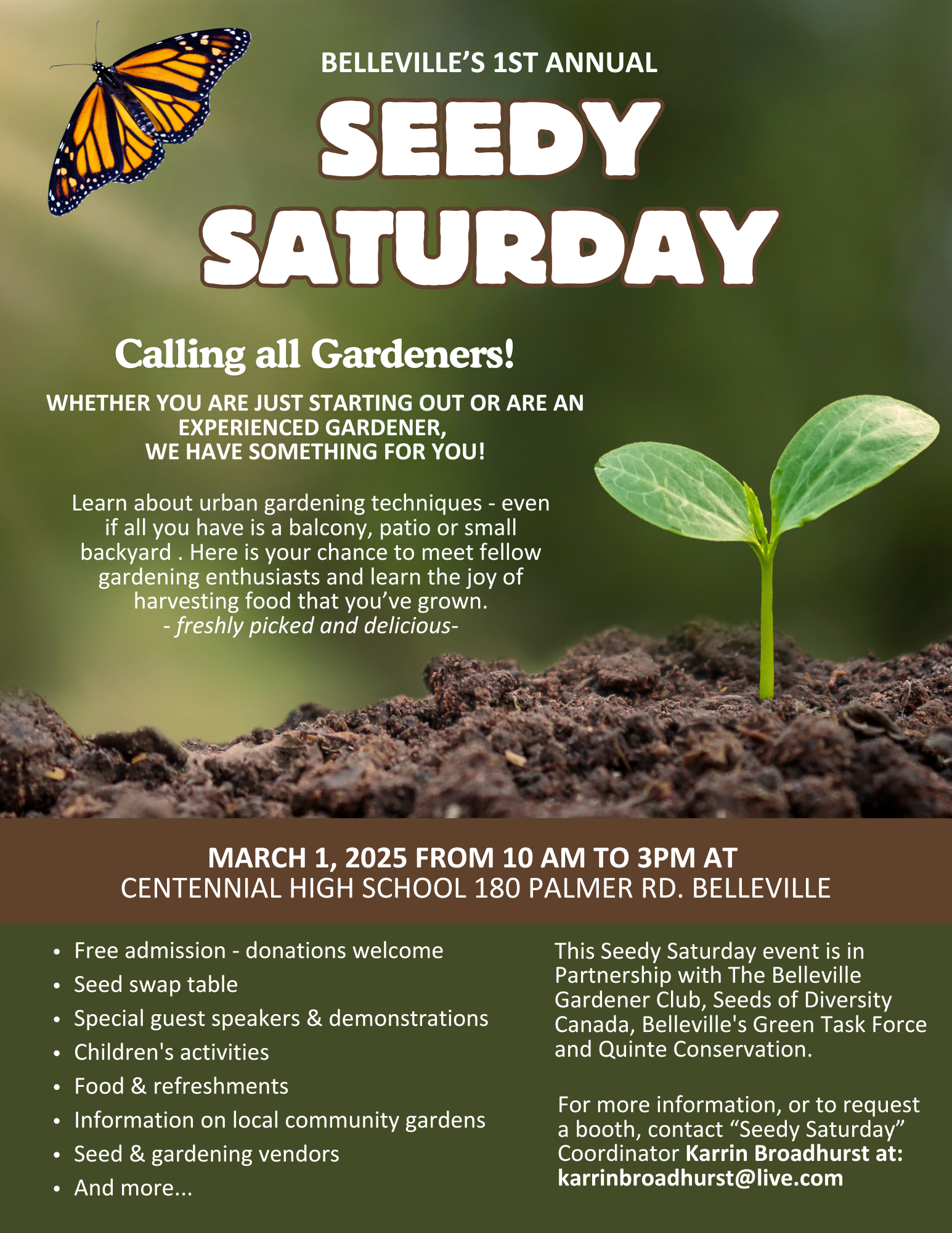 Poster titled "Seedy Saturday" with event details and a photo of a plant sprouting