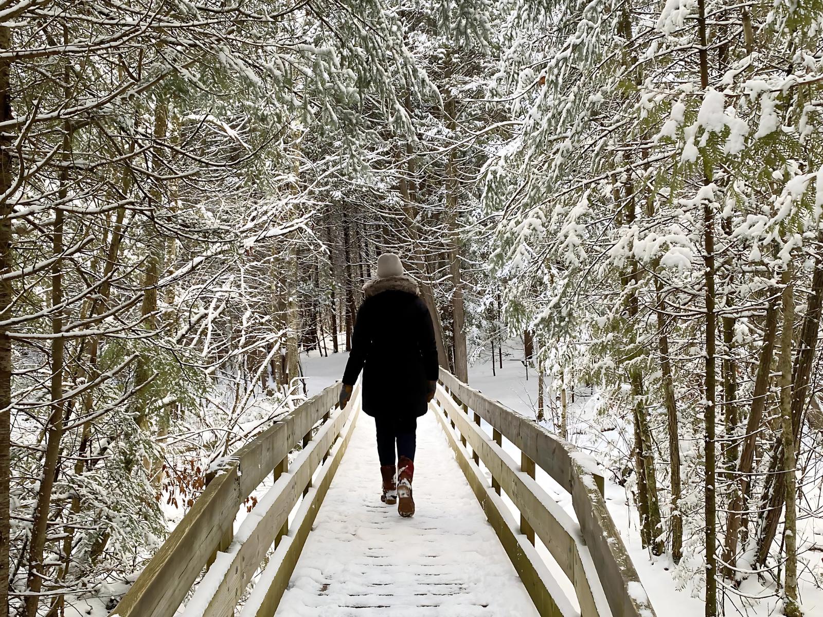 A person walking across a small wooden bridge along a trail in the woods. The trees and ground are covered in snow