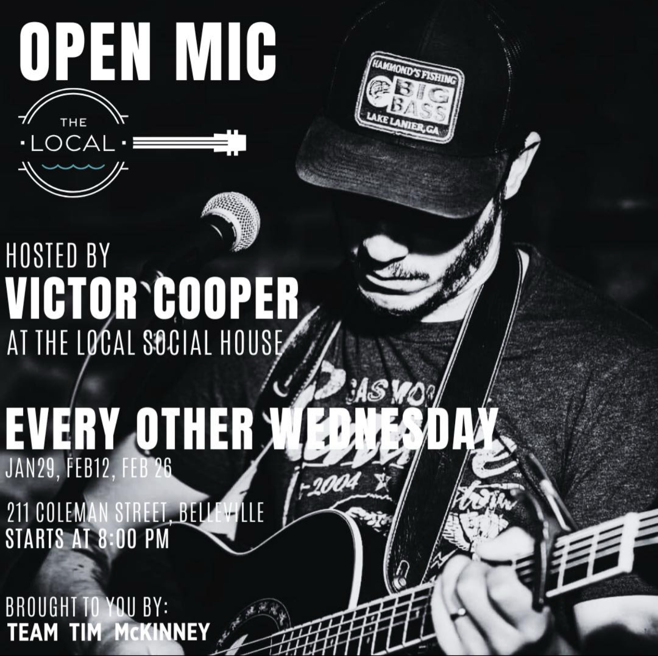 Poster with event details and a black and white photo of victor cooper.