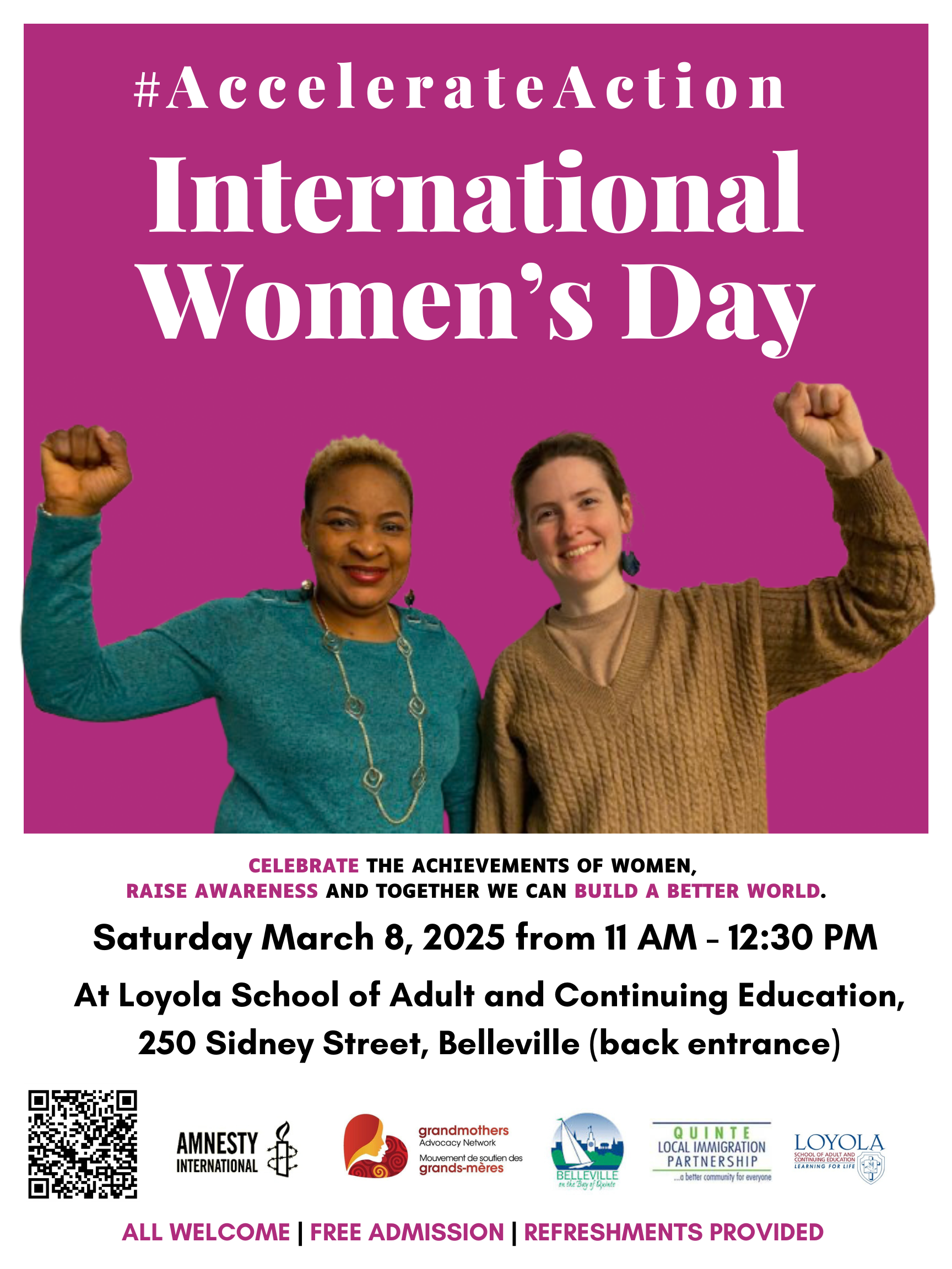 Two women with raised fists on a poster including International Womens Day event details.