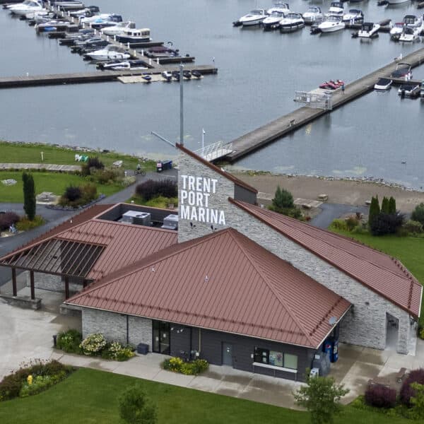 Photo of a marina with boats in the water taken from the air