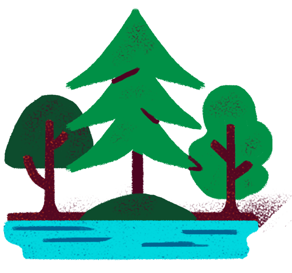 Illustration of three trees and water