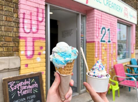 Image of an ice cream cone and a sundae outside a ice cream parlour