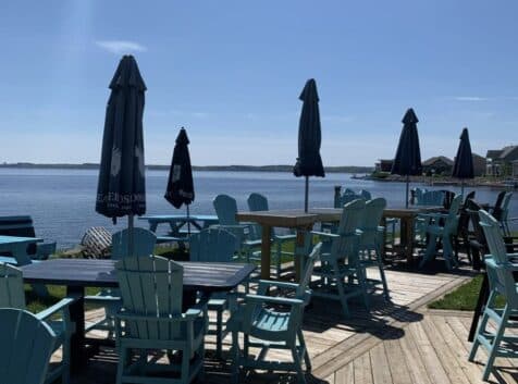 Image of a restaurant with patio on the water