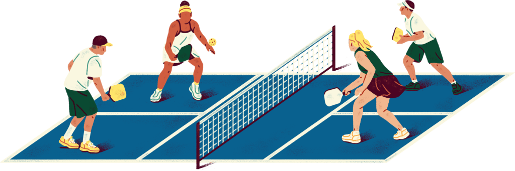 Illustration of four players on a pickleball court