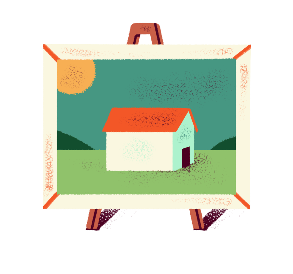 Illustration of an easel with a painting on it