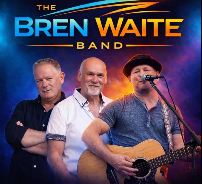 Three men in a band singing with the text Bren Waite brand overtop