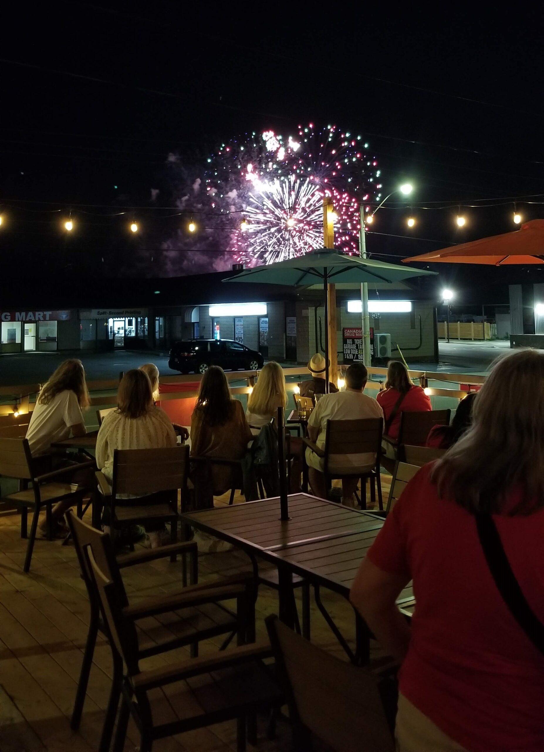patio at night with fireworks