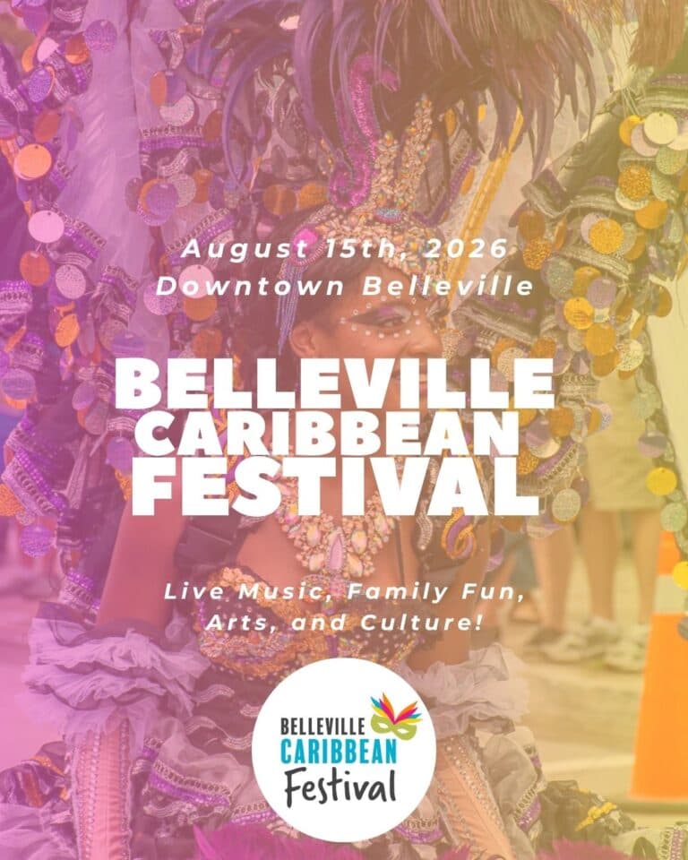 Belleville Caribbean festival with performer behind the text