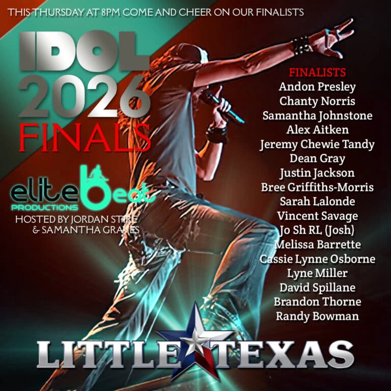 Man pointing and singing on stage facing sideways on an infographic for the Little Texas Idol competition