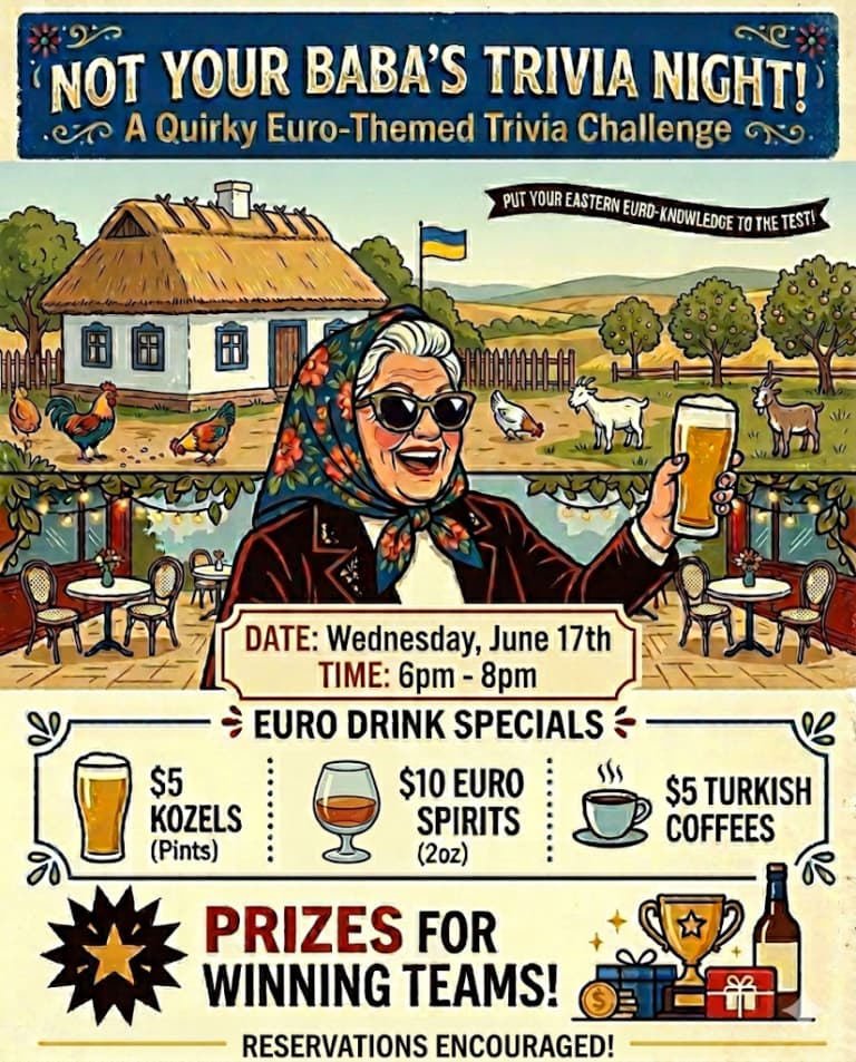 An older woman holding a beer in front of a farm and a pub to advertise a Euro-themed trivia night infographic