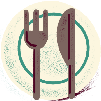 llustration of a white plate with fork and knife on top.