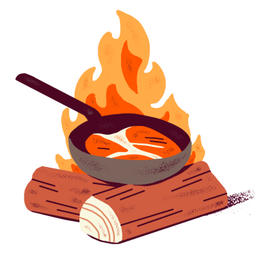 a frying pan filled with food on top of a fire.