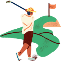 Illustrated icon of a golfer swinging his club at a hole flag ahead to illustrate the Bay of Quinte golf packages page